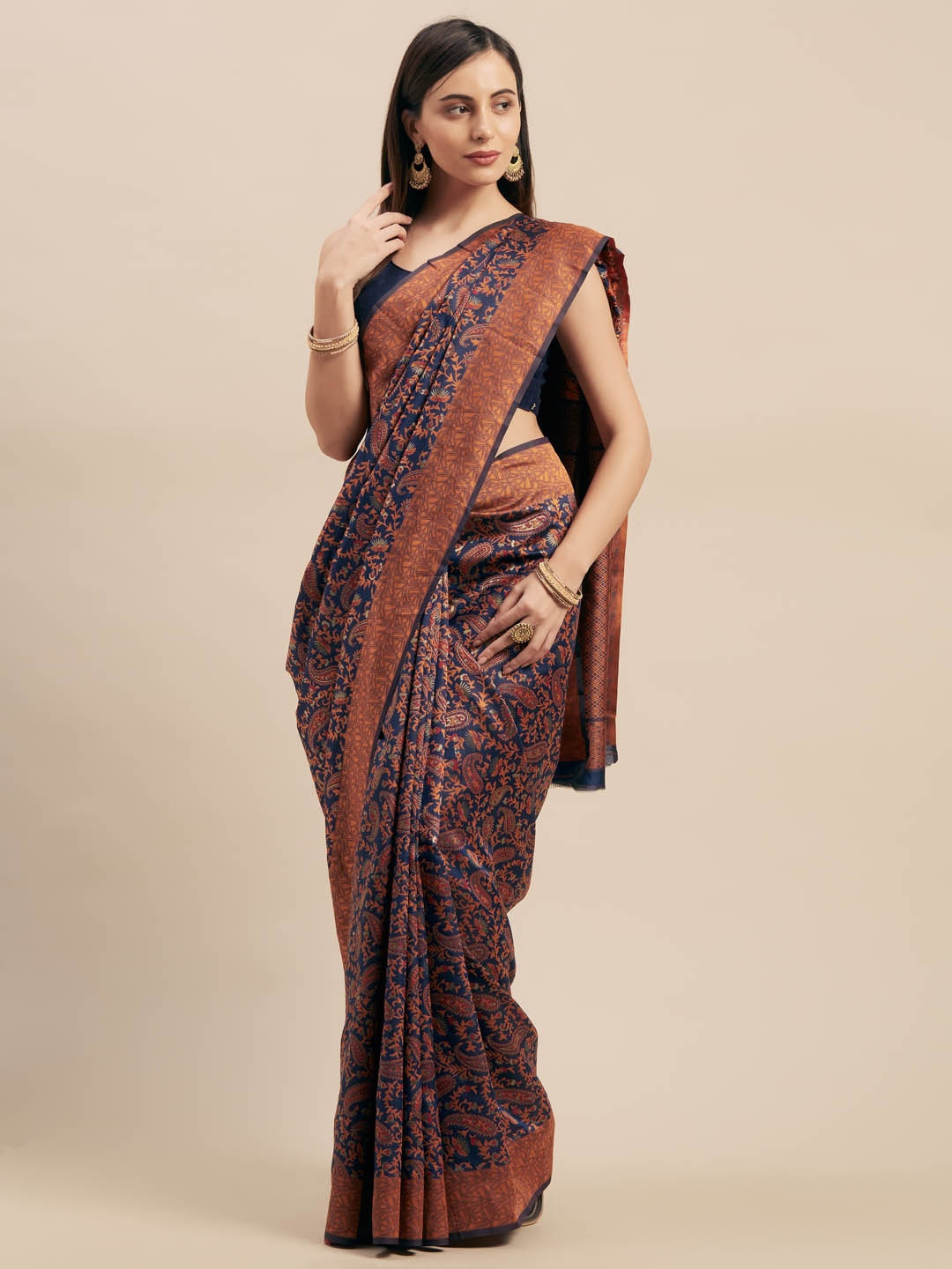 

Mitera Navy Blue & Navy Blue Silk Blend Printed Kanjeevaram Saree