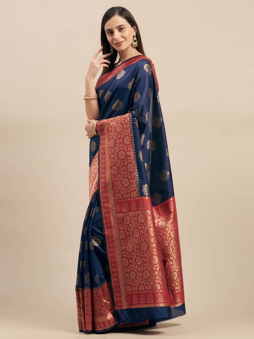 

Mitera Navy Blue & Red Silk Blend Woven Design Kanjeevaram Saree