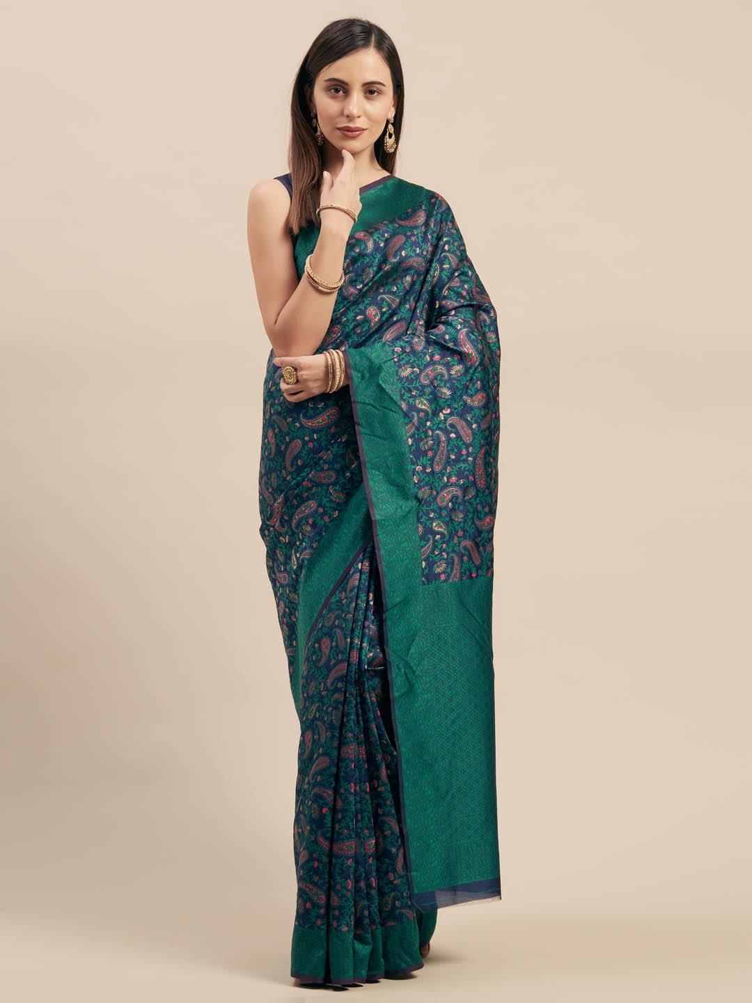 

Mitera Navy Blue & Green Silk Blend Printed Kanjeevaram Saree