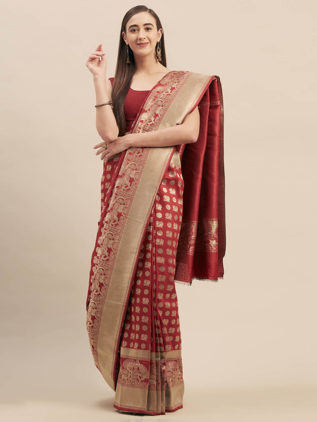 

Mitera Red & Gold-Toned Silk Blend Woven Design Kanjeevaram Saree