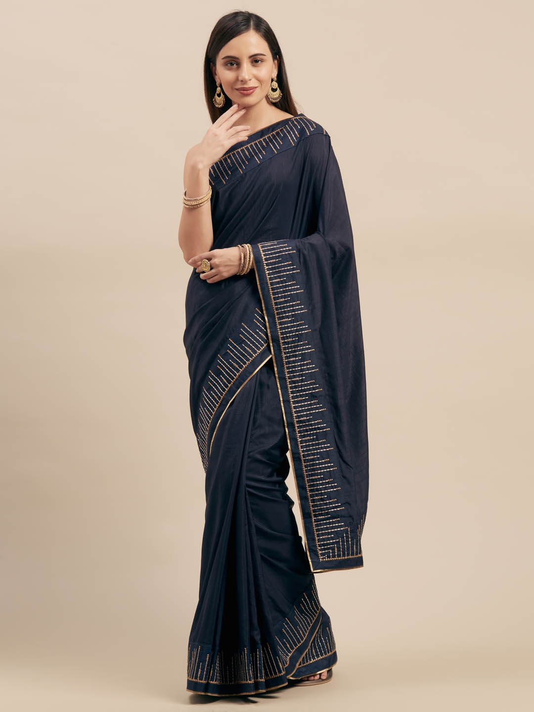 

Mitera Navy Blue Solid Silk Blend Saree