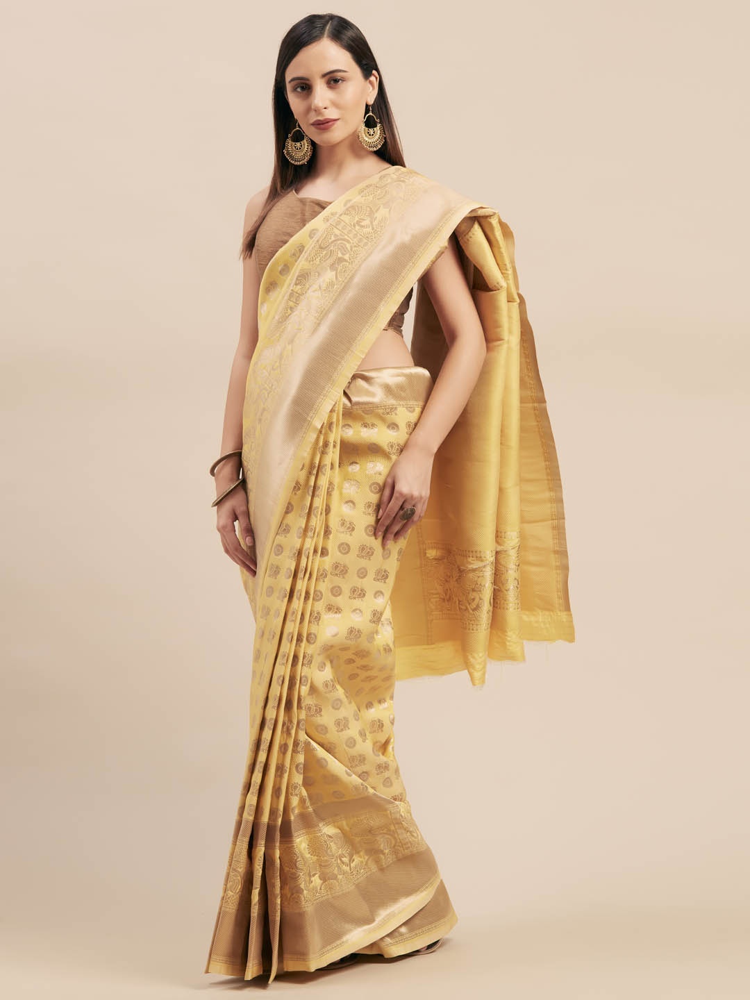 

Mitera Beige Silk Blend Woven Design Kanjeevaram Saree