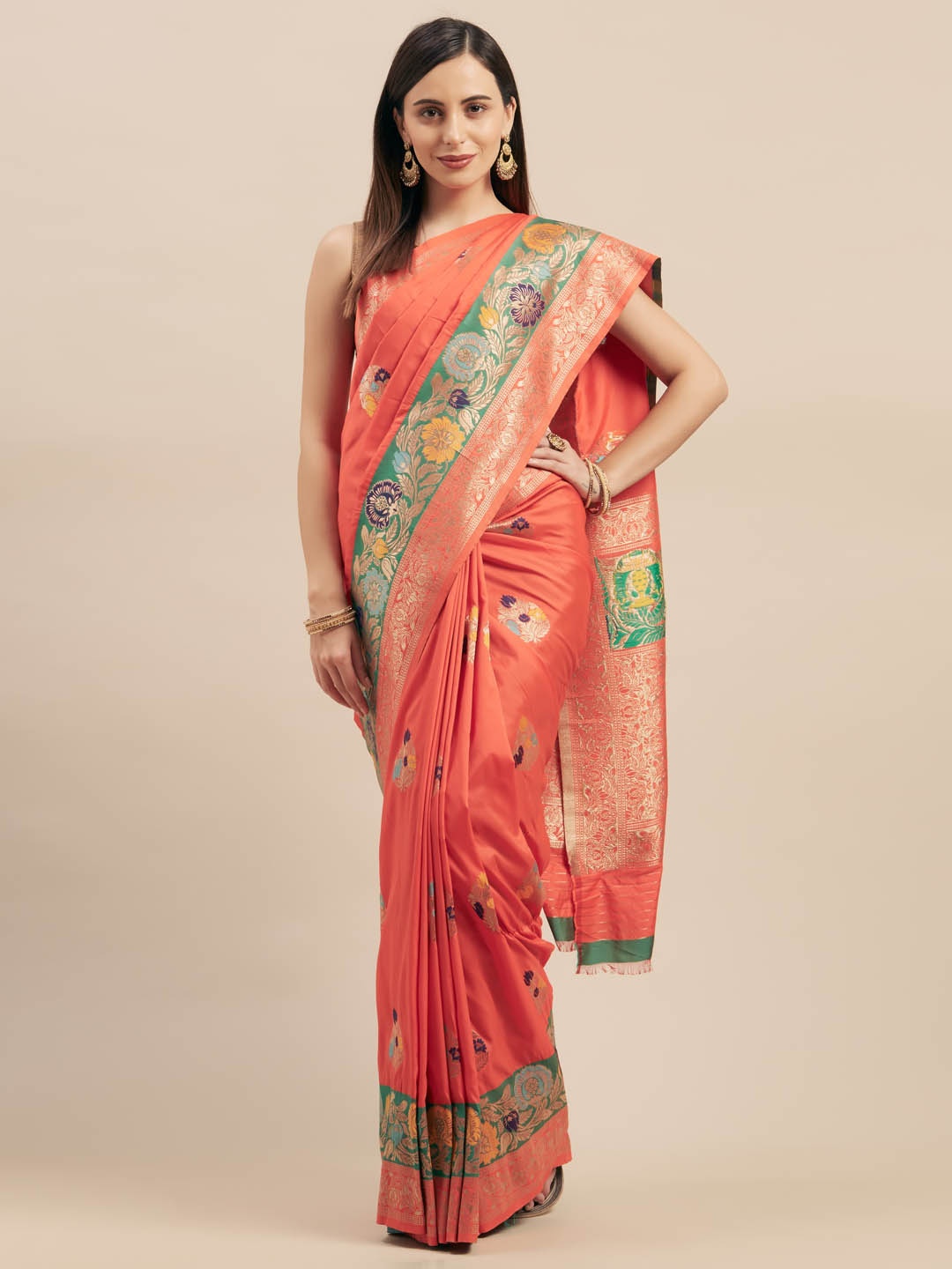 

Mitera Rust Red & Green Silk Blend Woven Design Kanjeevaram Saree