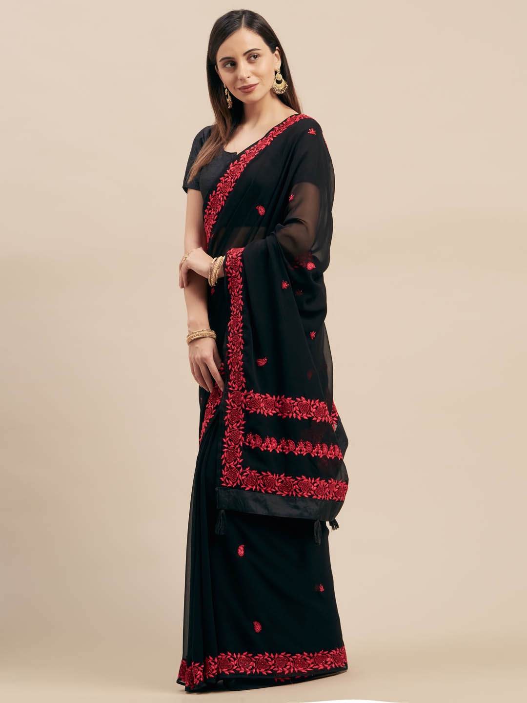 

Mitera Black Embroidered Poly Georgette Saree