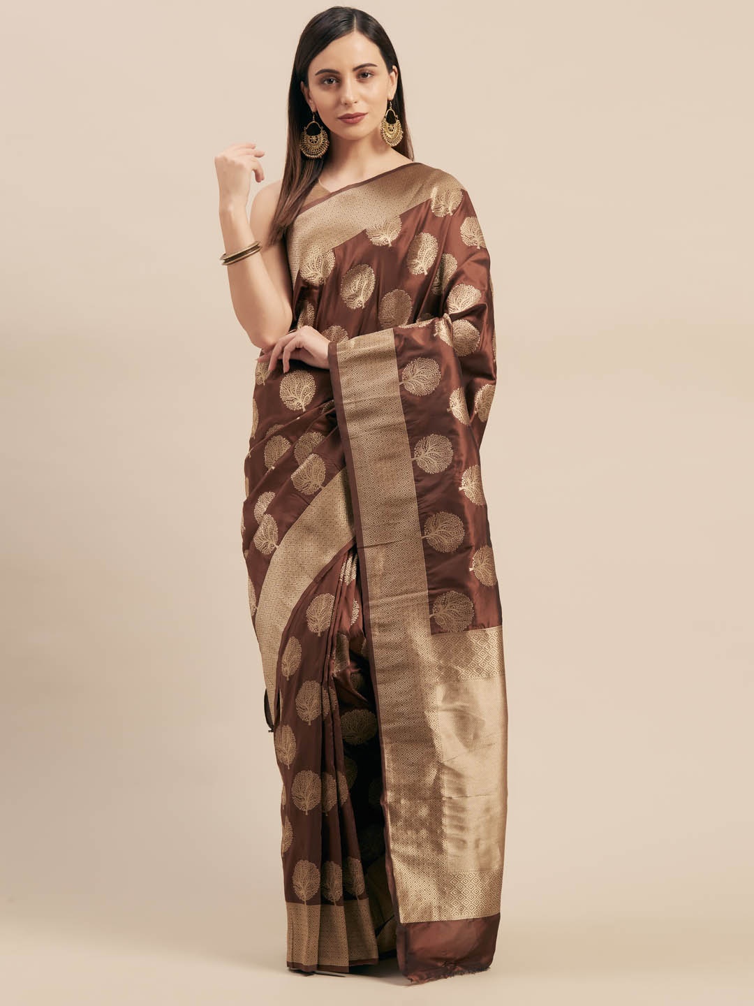 

Mitera Brown Silk Blend Woven Design Kanjeevaram Saree
