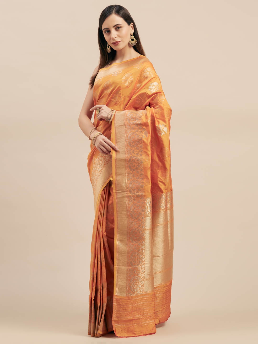 

Mitera Orange Silk Blend Woven Design Kanjeevaram Saree
