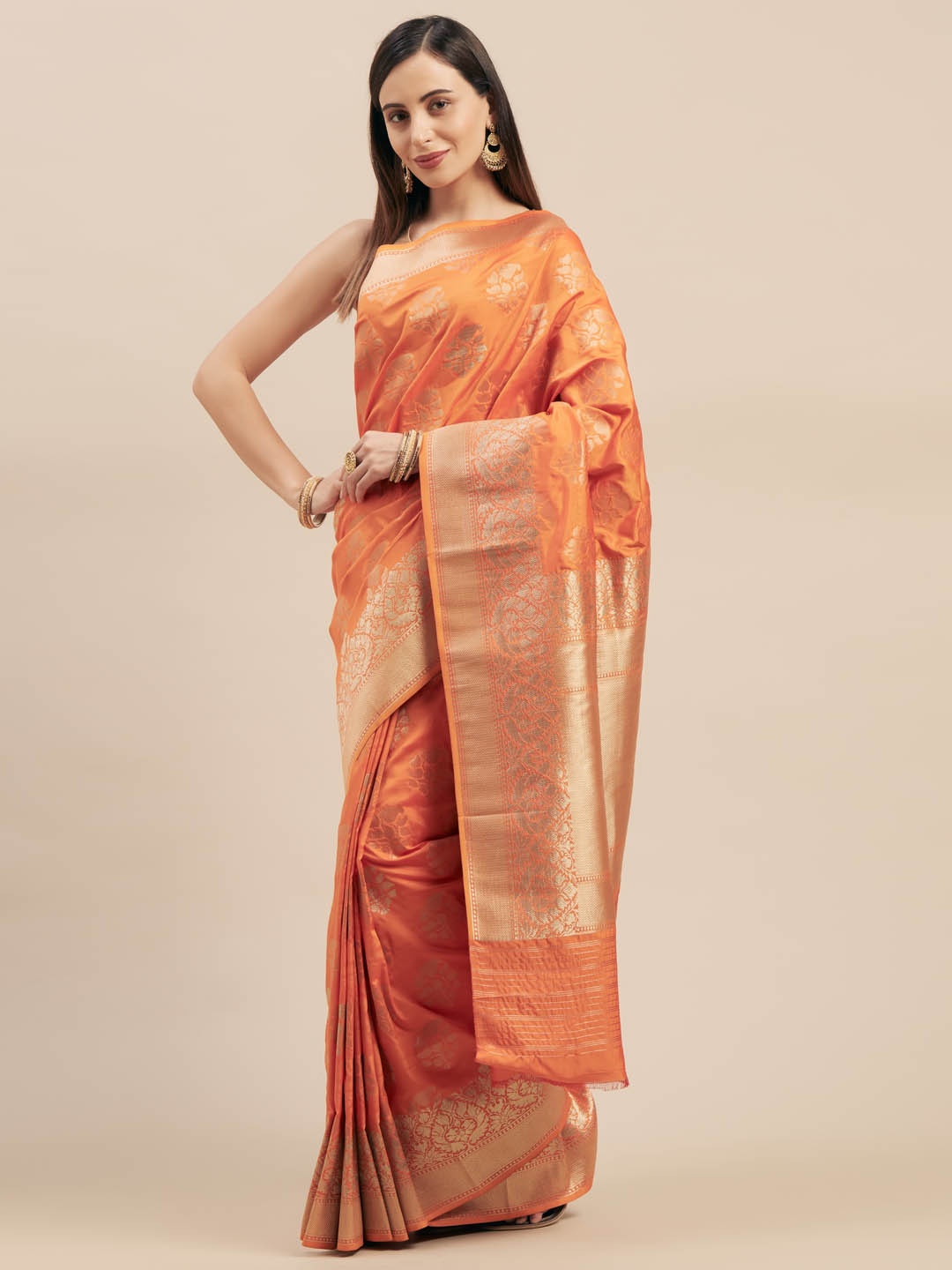 

Mitera Orange Silk Blend Woven Design Kanjeevaram Saree
