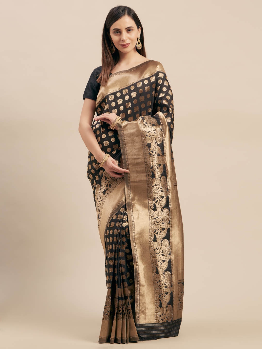 

Mitera Black Silk Blend Woven Design Kanjeevaram Saree