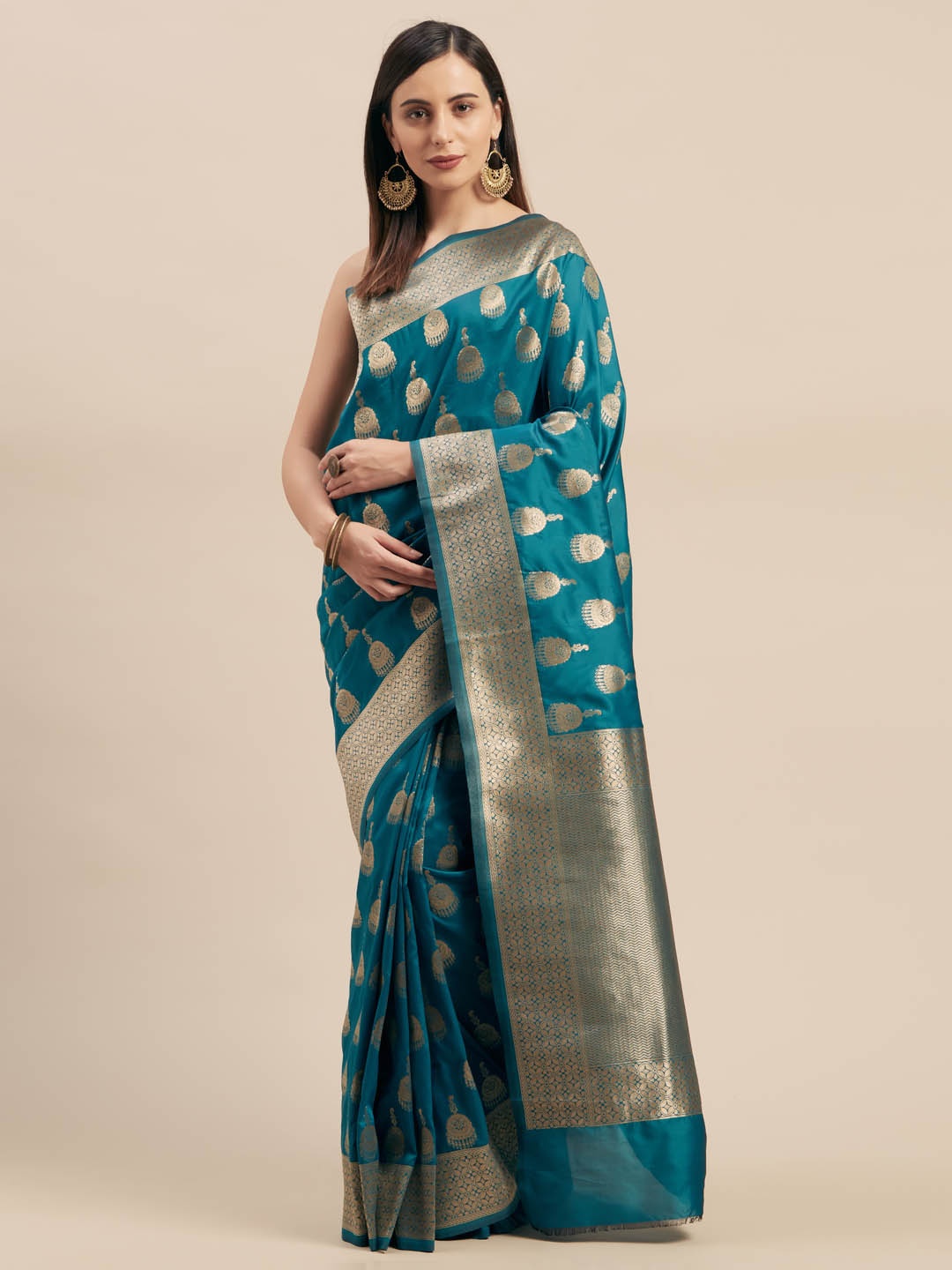 

Mitera Teal Blue & Gold-Toned Silk Blend Woven Design Saree