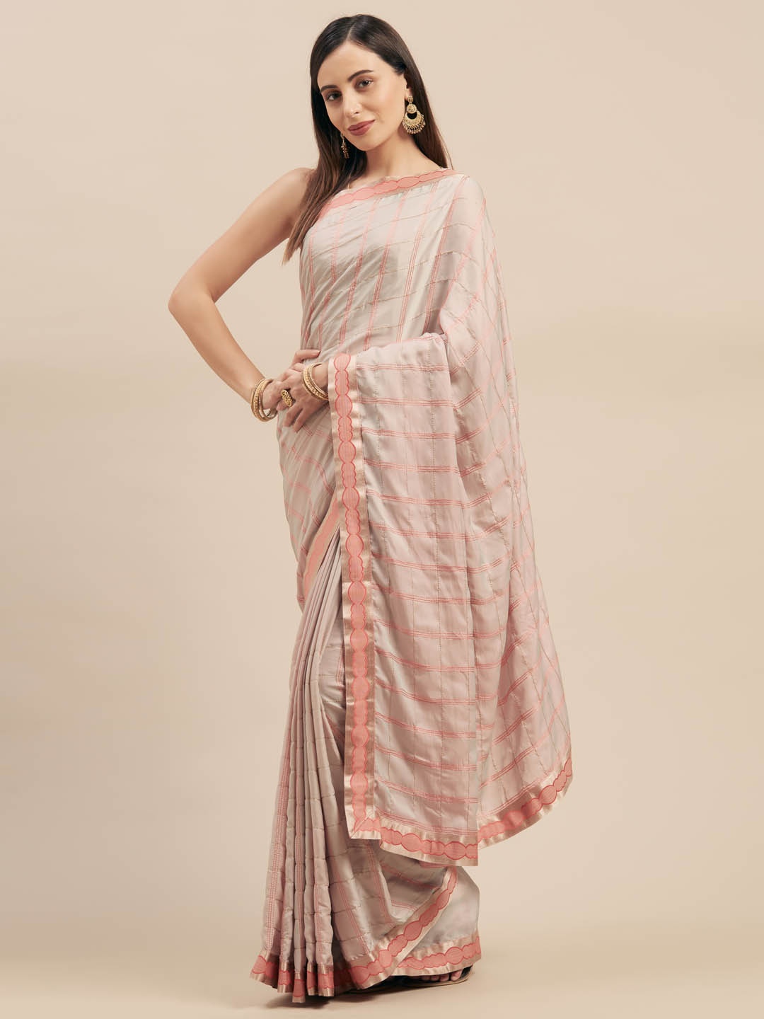 

Mitera Pink & Beige Silk Blend Checked Saree