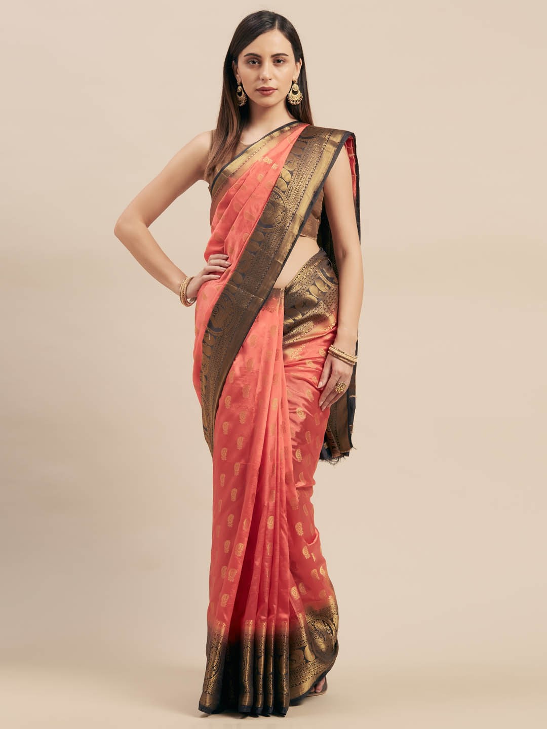 

Mitera Peach-Coloured & Gold-Coloured Silk Blend Woven Design Kanjeevaram Saree