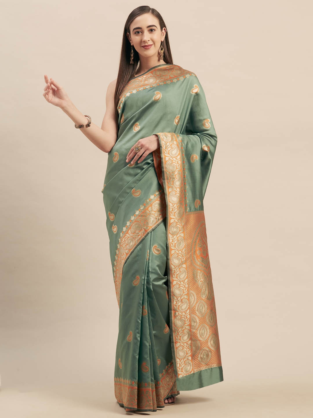 

Mitera Green & Mustard Yellow Silk Blend Woven Design Kanjeevaram Saree