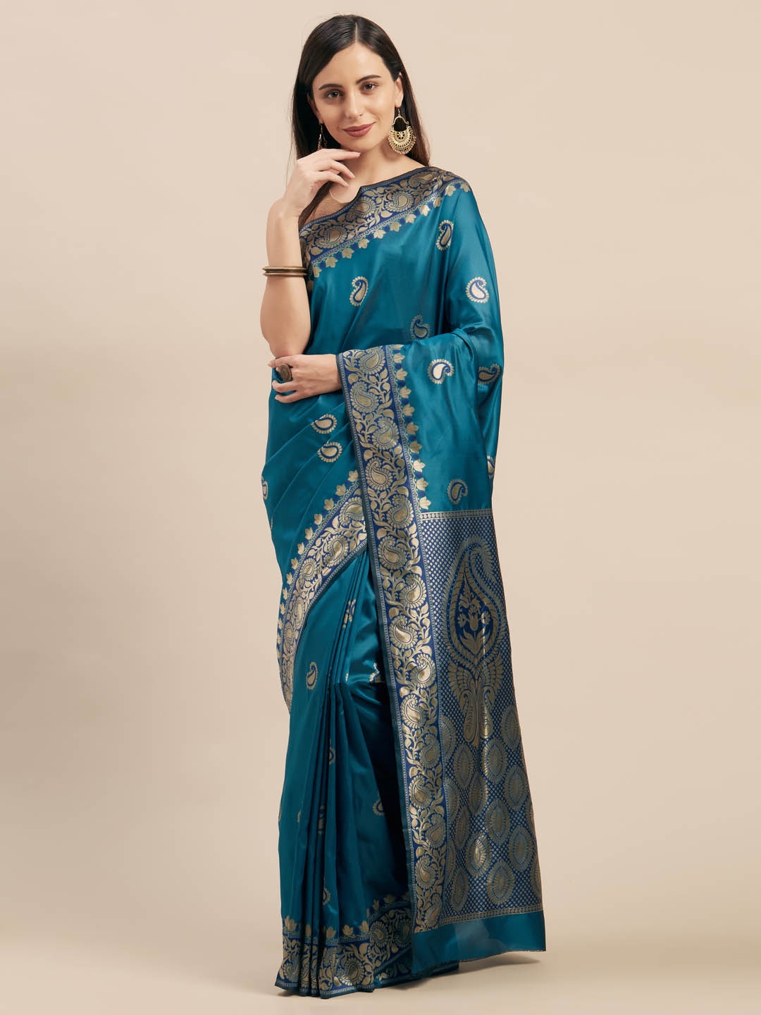 

Mitera Teal Blue & Gold-Coloured Silk Blend Woven Design Kanjeevaram Saree