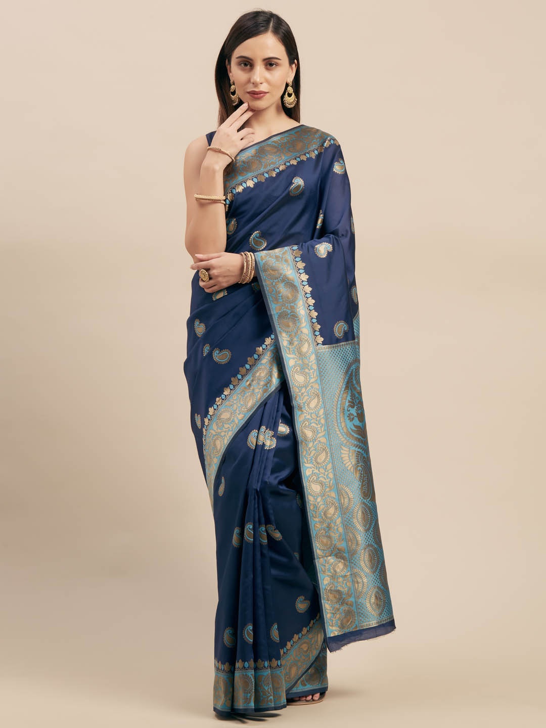 

Mitera Navy Blue & Gold-Coloured Silk Blend Woven Design Kanjeevaram Saree