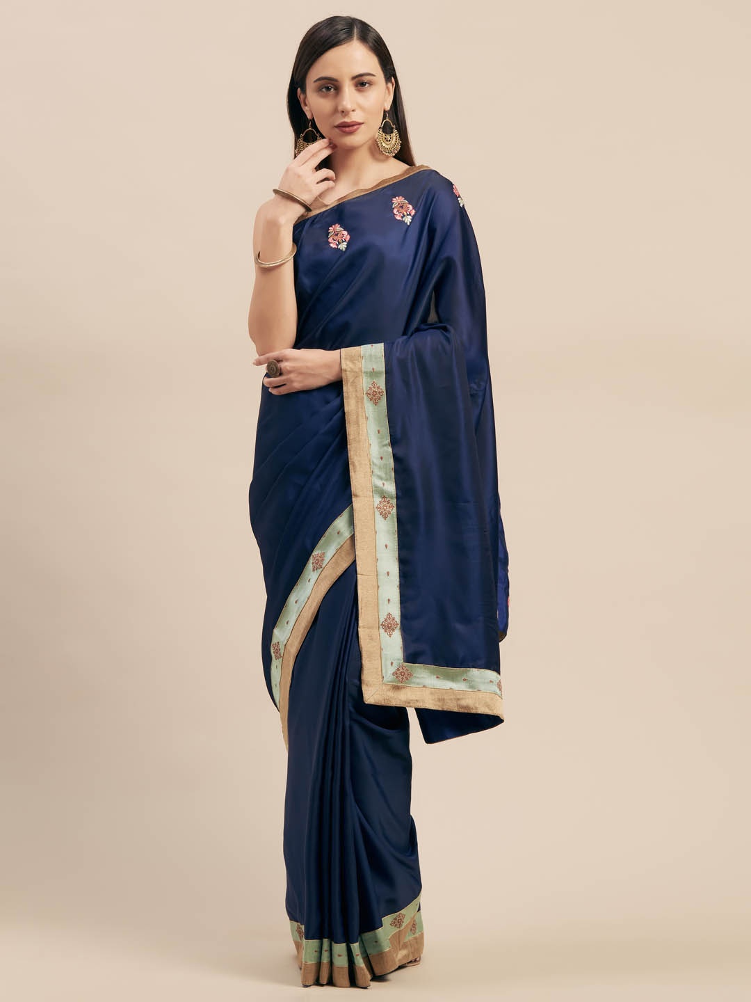 

Mitera Blue Solid Satin Saree