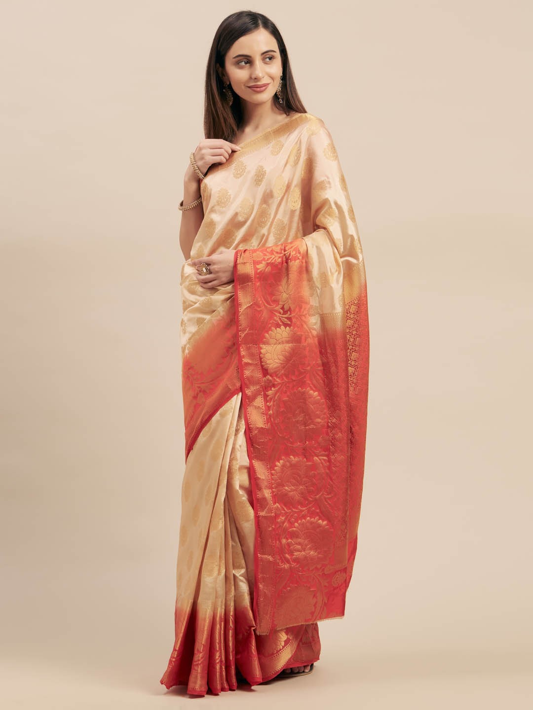 

Mitera Beige & Red Silk Blend Woven Design Kanjeevaram Saree