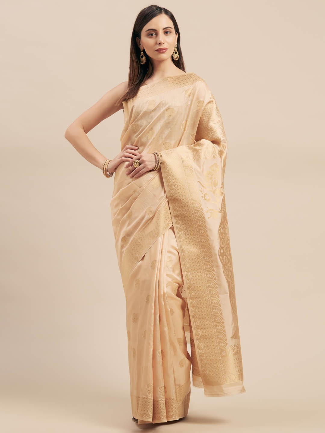 

Mitera Beige Silk Blend Woven Design Kanjeevaram Saree