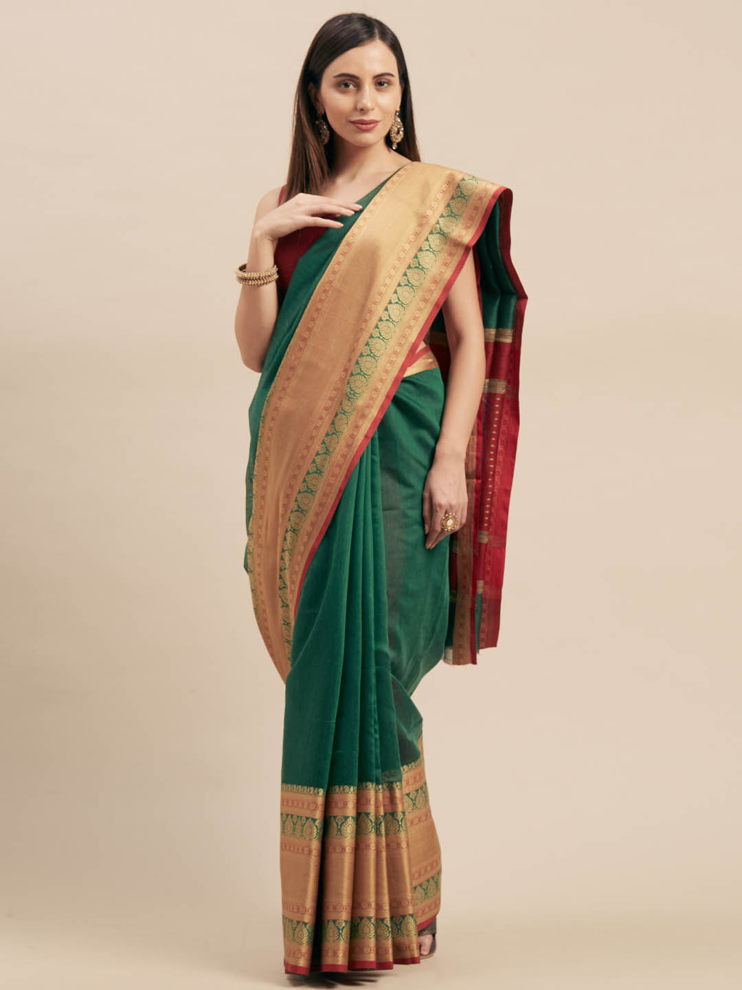 

Mitera Green Silk Blend Woven Design Kanjeevaram Saree