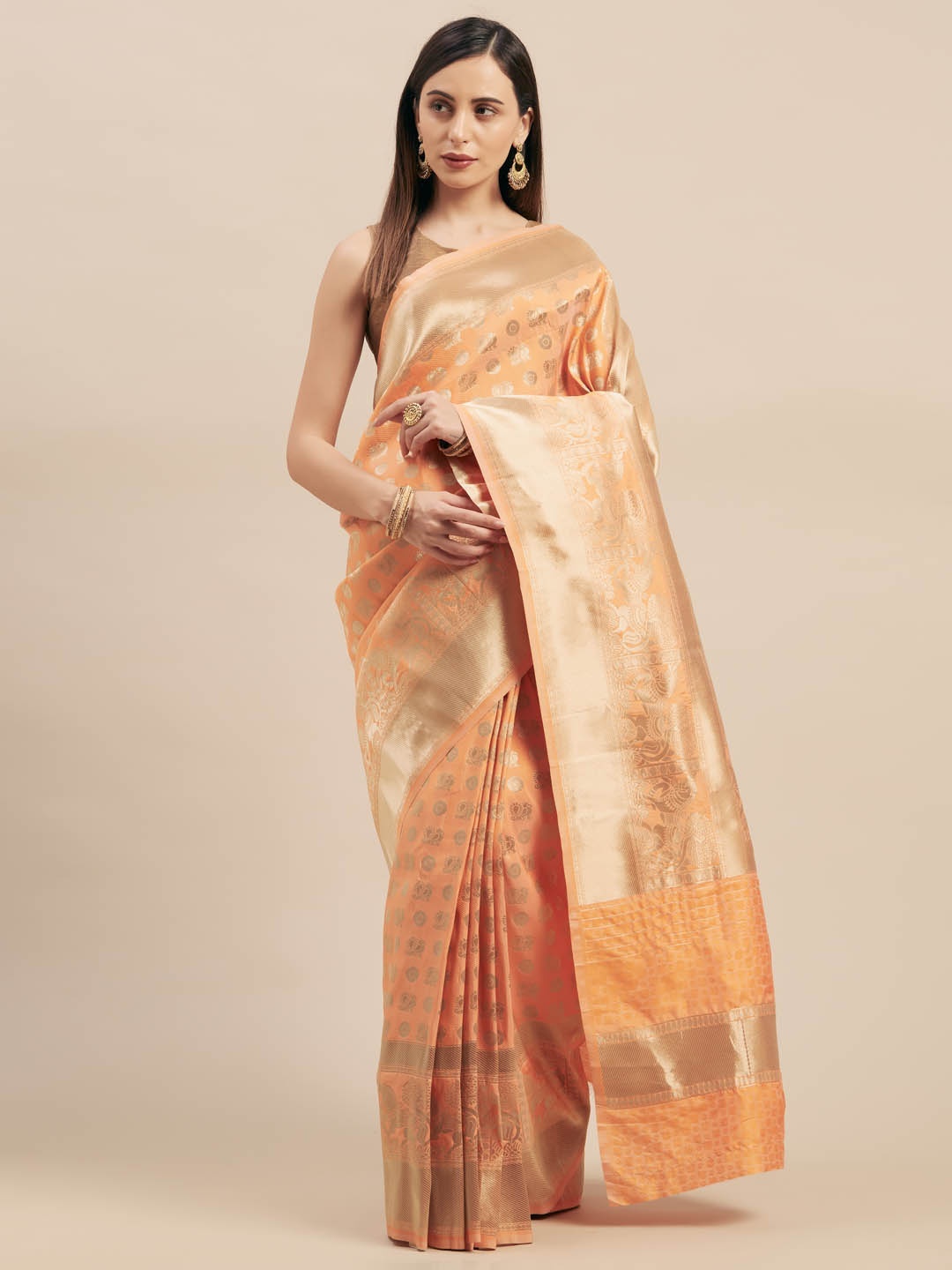 

Mitera Peach-Coloured Silk Blend Woven Design Kanjeevaram Saree