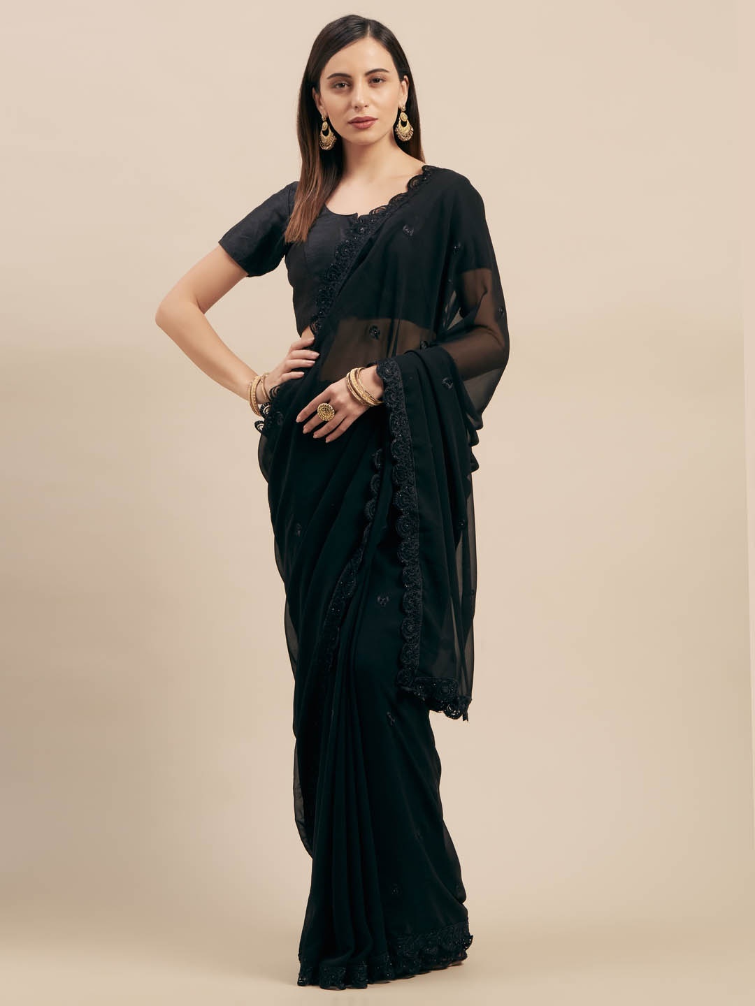 

Mitera Black Embroidered Poly Georgette Saree