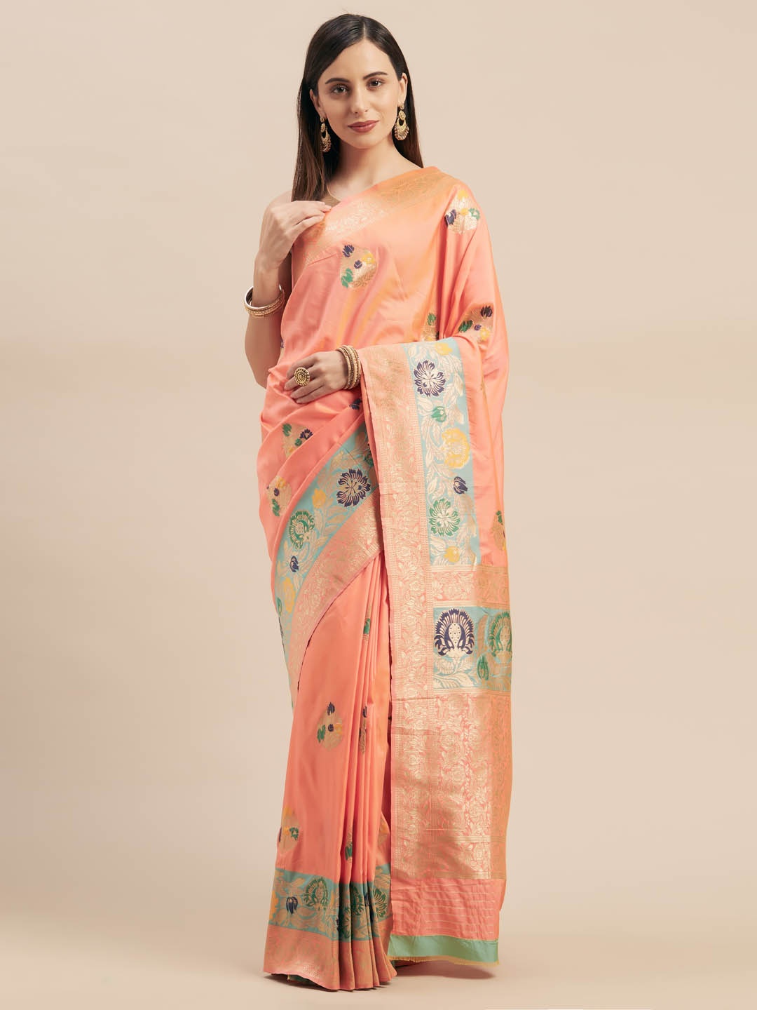 

Mitera Peach-Coloured Silk Blend Woven Design Kanjeevaram Saree