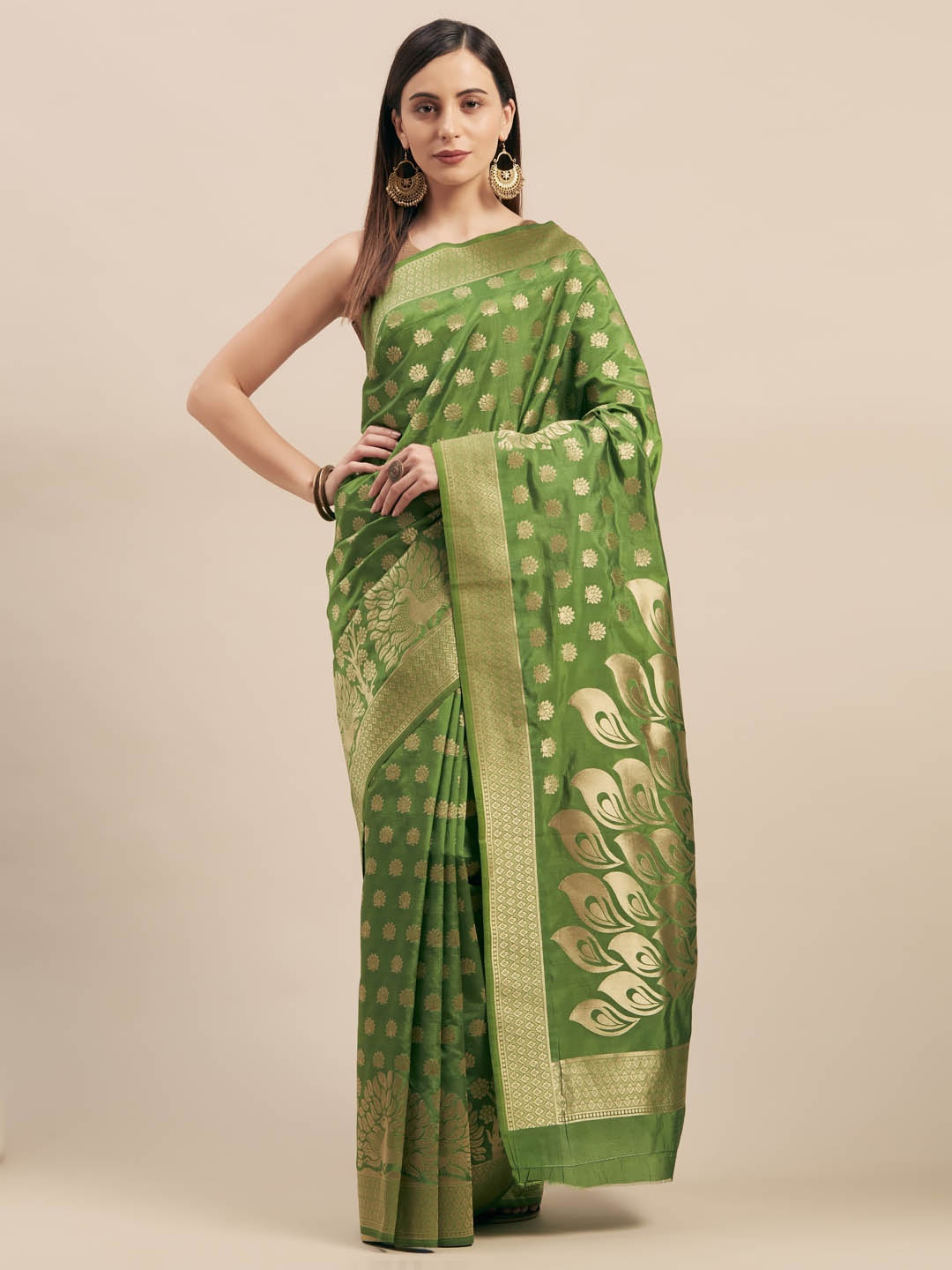 

Mitera Green & Gold-Toned Silk Blend Woven Design Kanjeevaram Saree