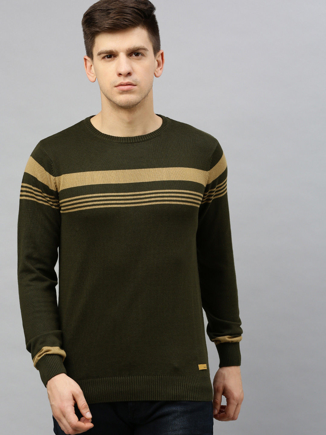 

SPYKAR Men Olive Green & Beige Striped Pullover Sweater