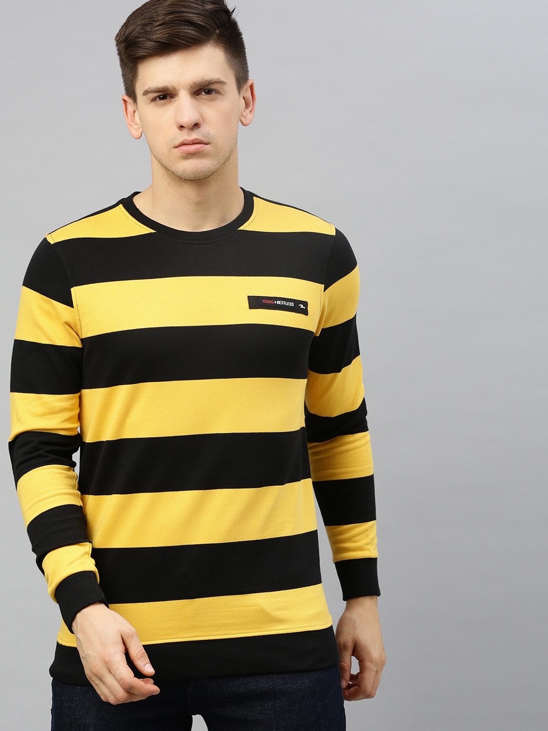

SPYKAR Men Black & Mustard Yellow Striped Round Neck T-shirt