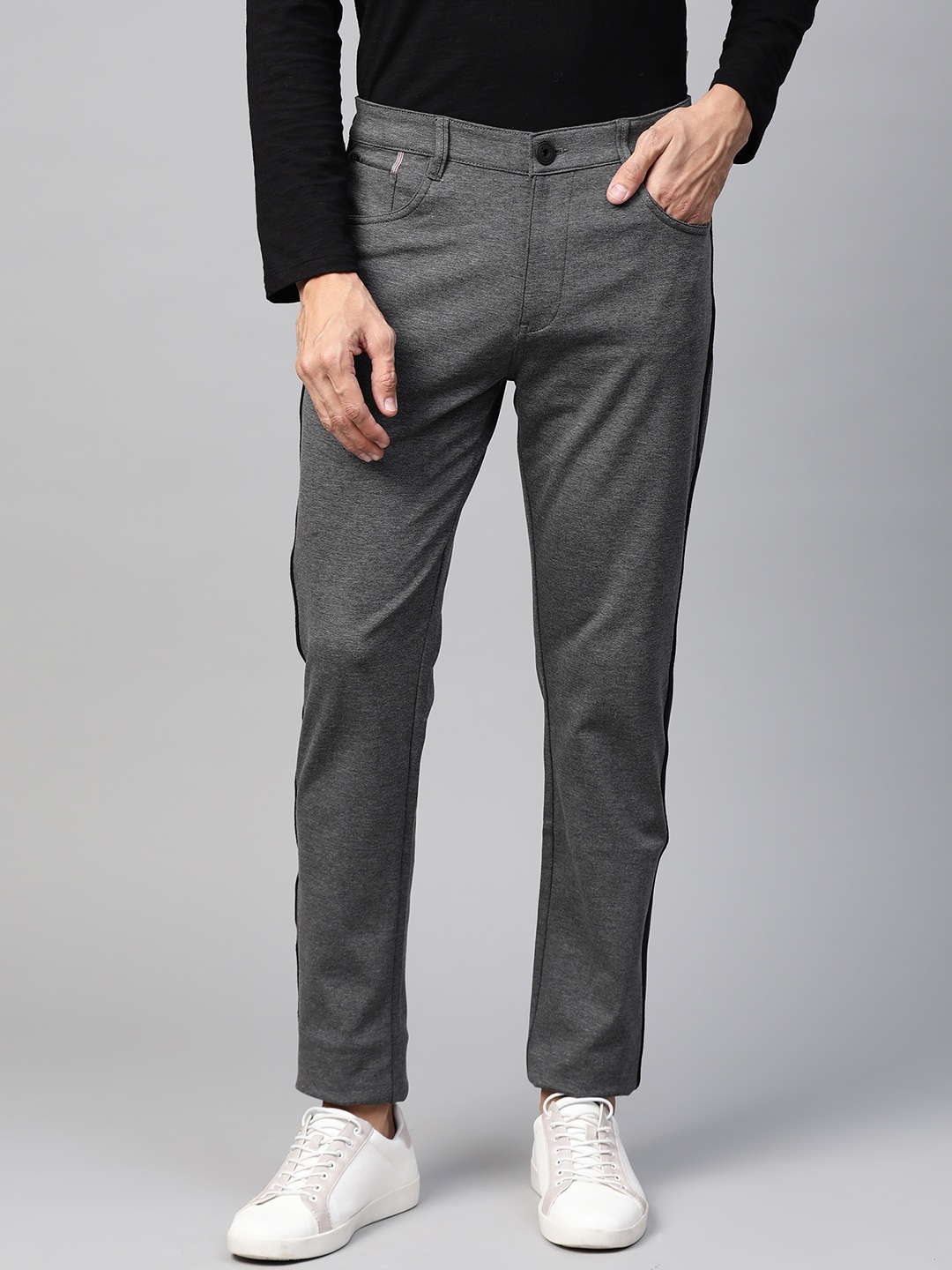 

SPYKAR Men Charcoal Grey Regular Fit Solid Trousers with Side Striped Detail