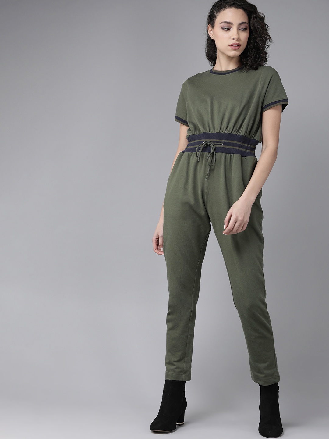 

Roadster Women Olive Green Pure Cotton Solid Basic Jumpsuit