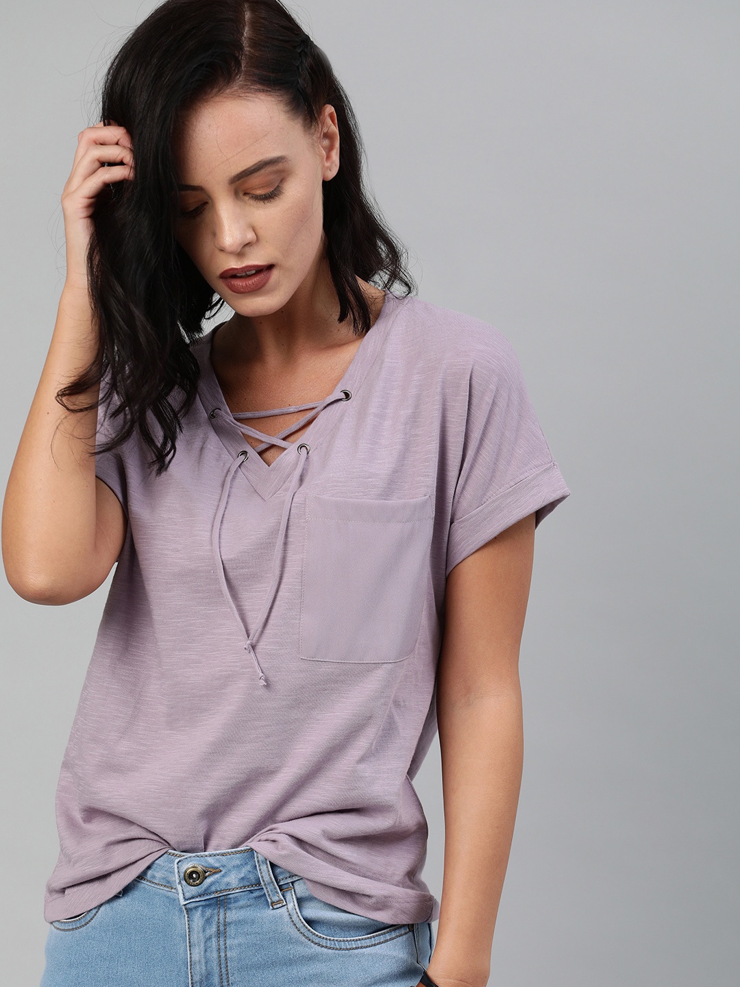

Roadster Women Mauve Solid Pure Cotton Top with Lace-Ups