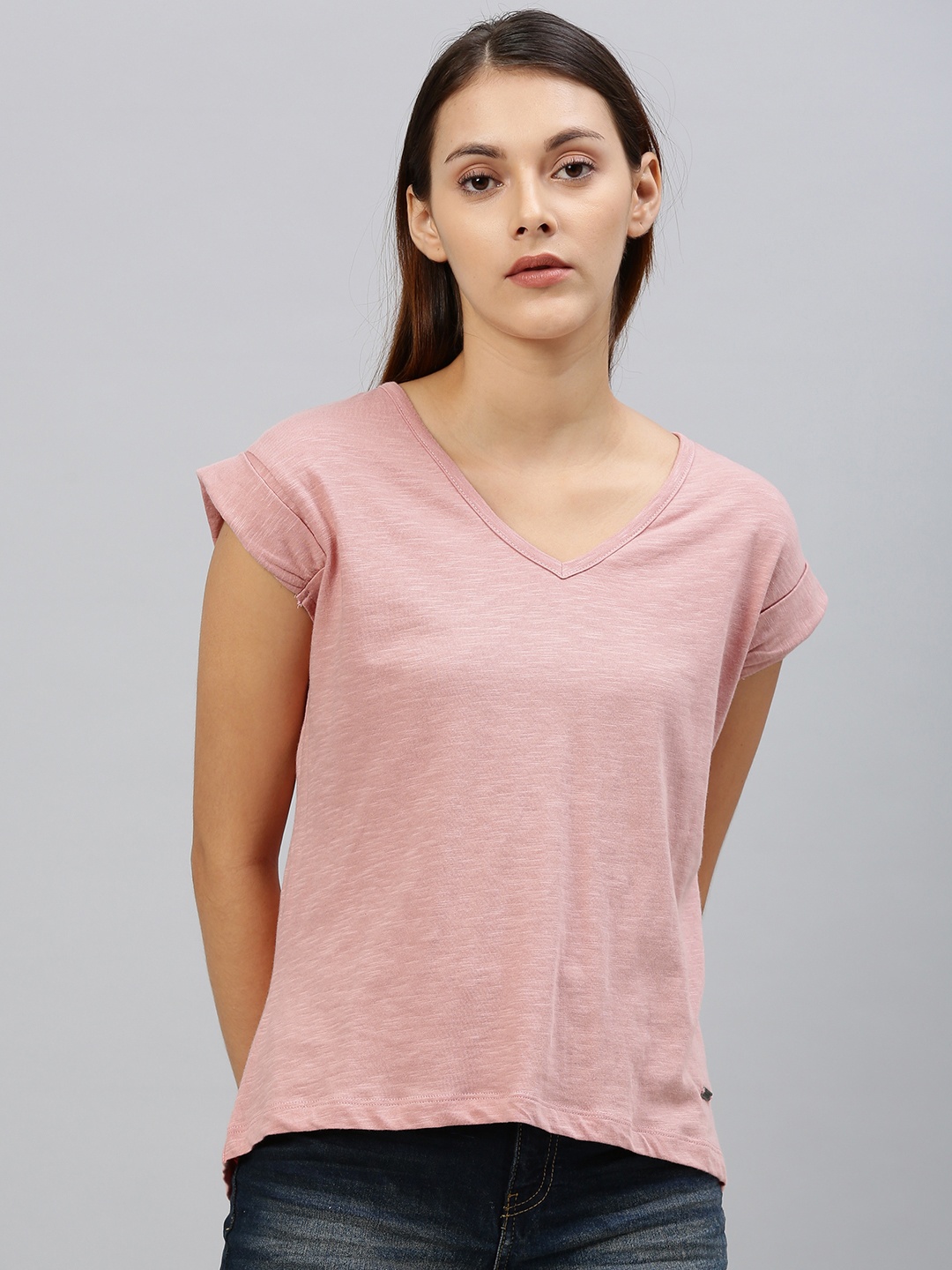 

Roadster Women Rust Pink Solid V-Neck Pure Cotton T-shirt