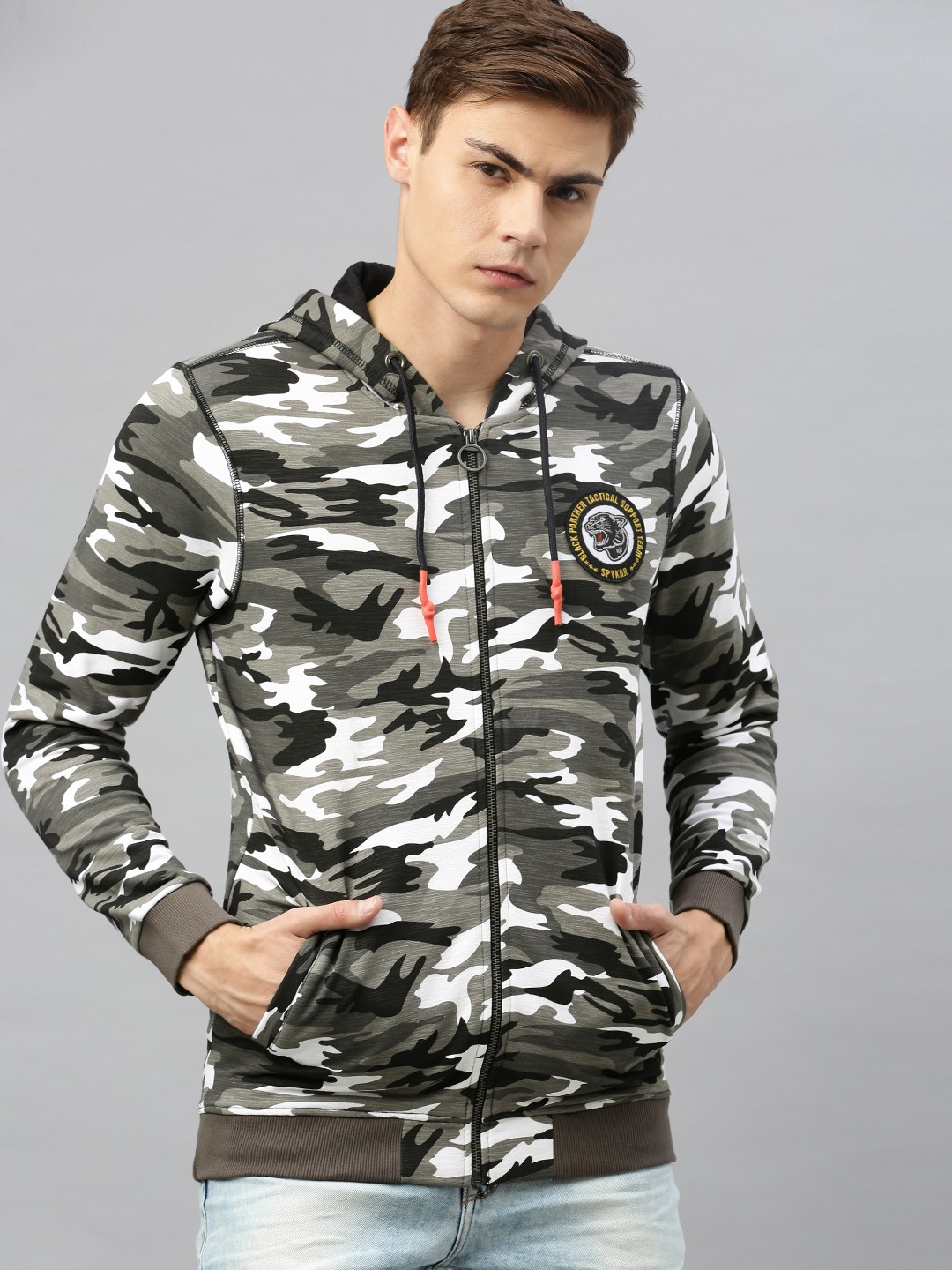 

SPYKAR Men Grey & White Slim Fit Camouflage Printed Hooded Sweatshirt