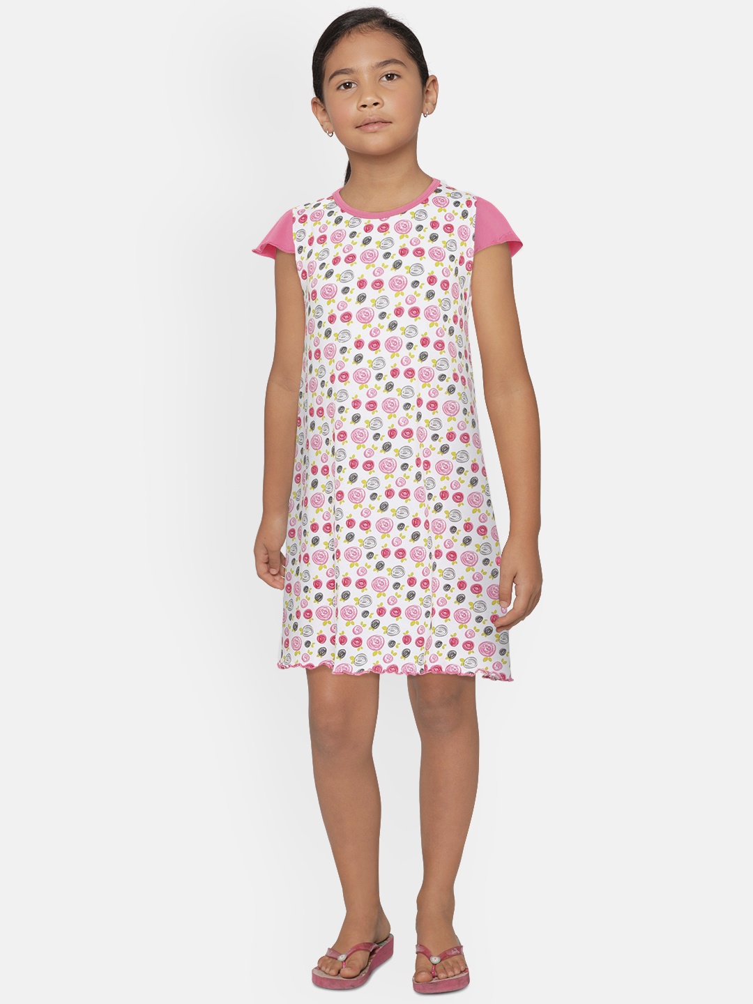 

SINI MINI Girls White & Pink Printed Nightdress