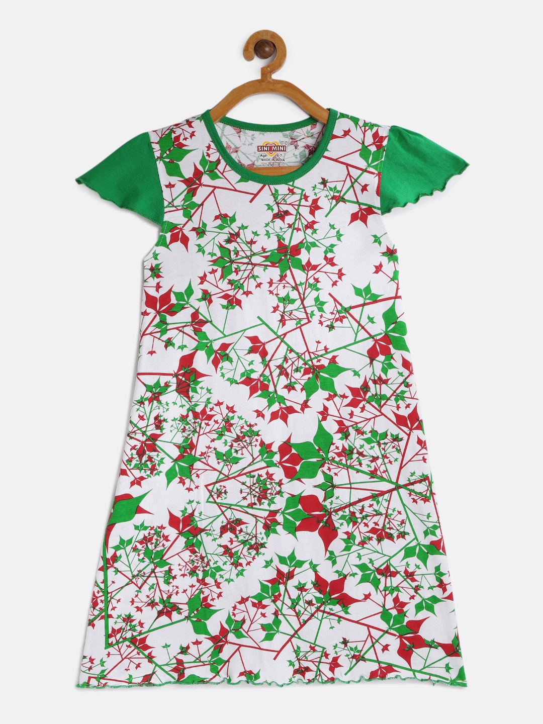 

SINI MINI Girls Off-White & Green Printed Nightdress