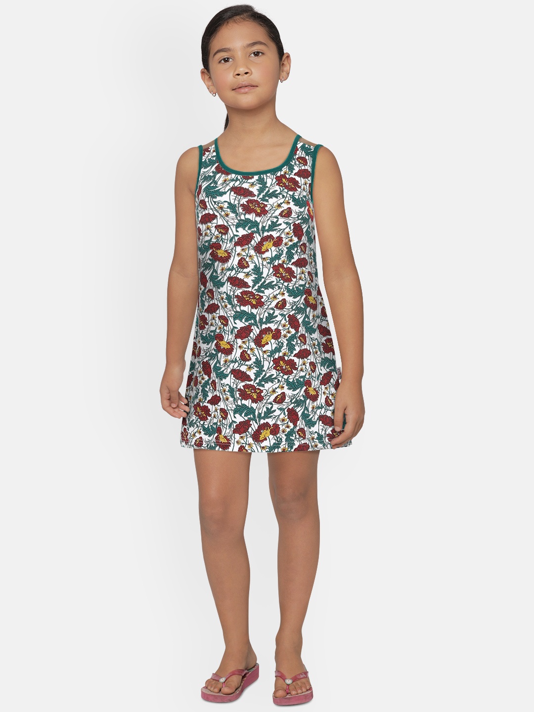 

SINI MINI Girls White & Green Printed Nightdress