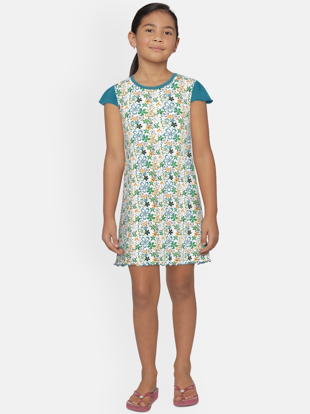 

SINI MINI Girls White & Blue Printed Nightdress