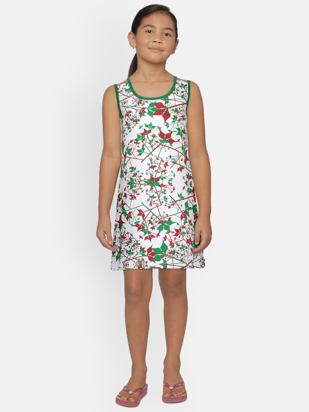 

SINI MINI Girls White & Green Printed Nightdress