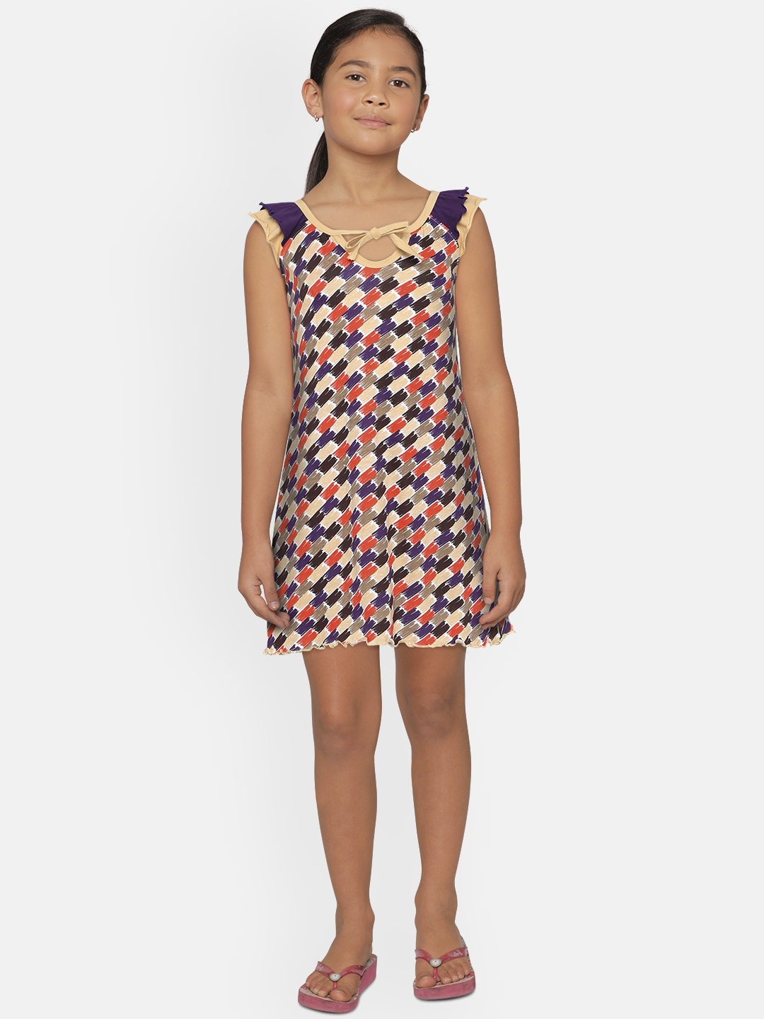 

SINI MINI Girls Beige & Red Printed Nightdress