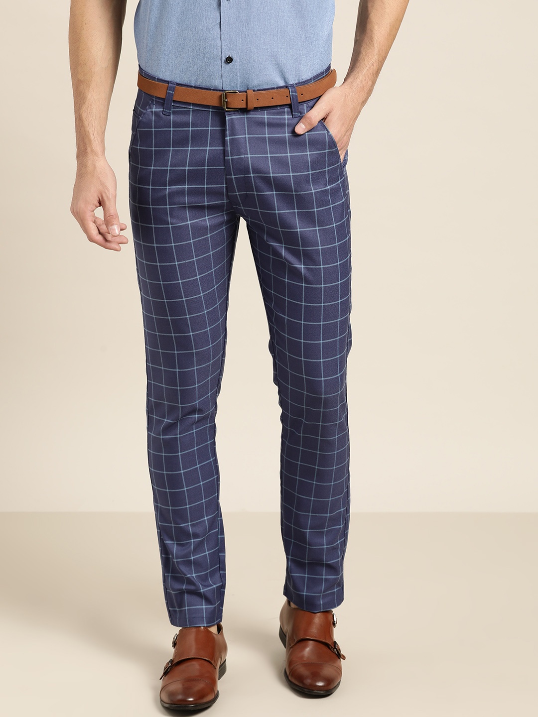 

SOJANYA Men Blue Smart Regular Fit Checked Formal Trousers