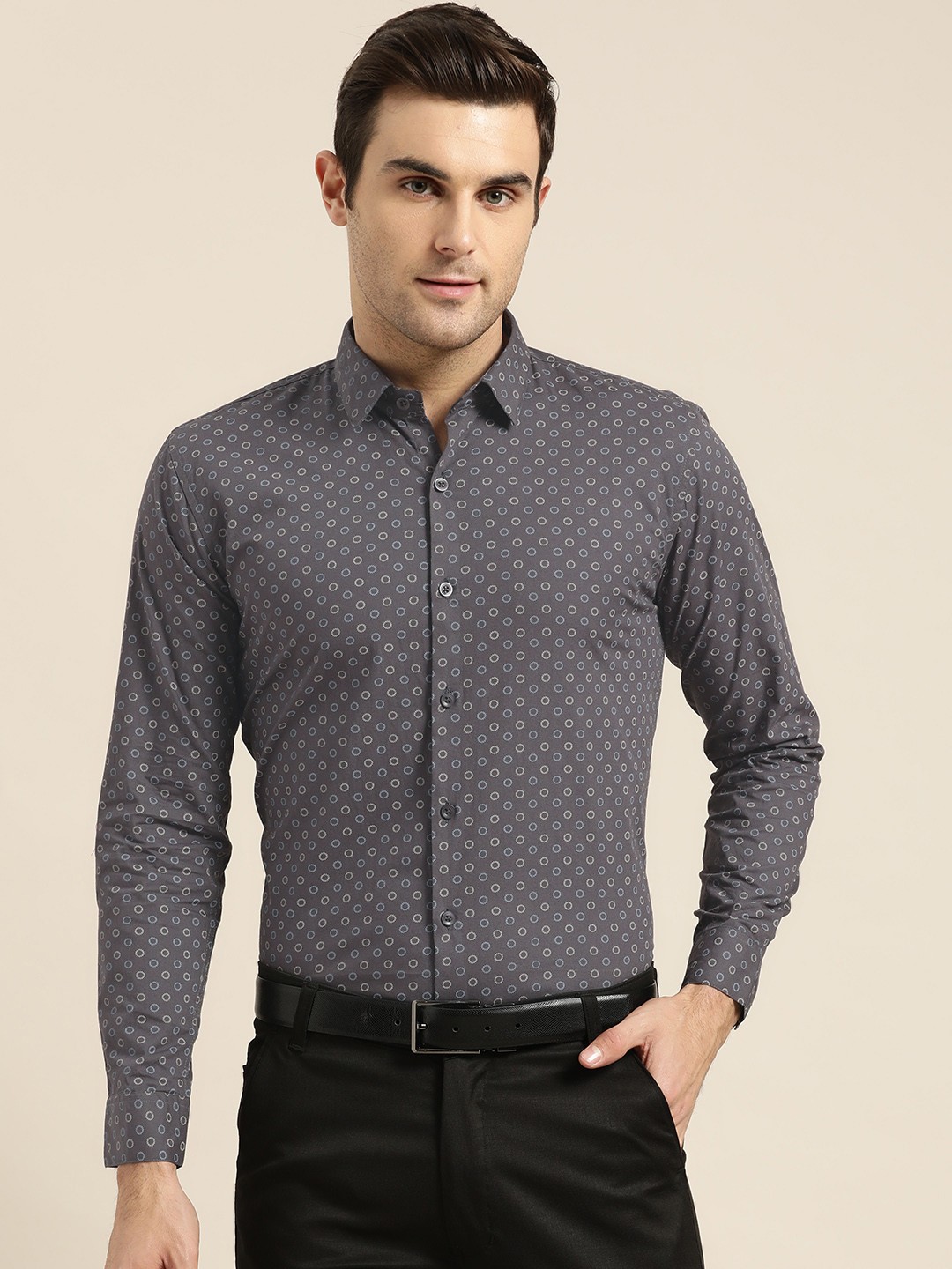 

SOJANYA Men Charcoal Grey & Blue Regular Fit Printed Formal Shirt