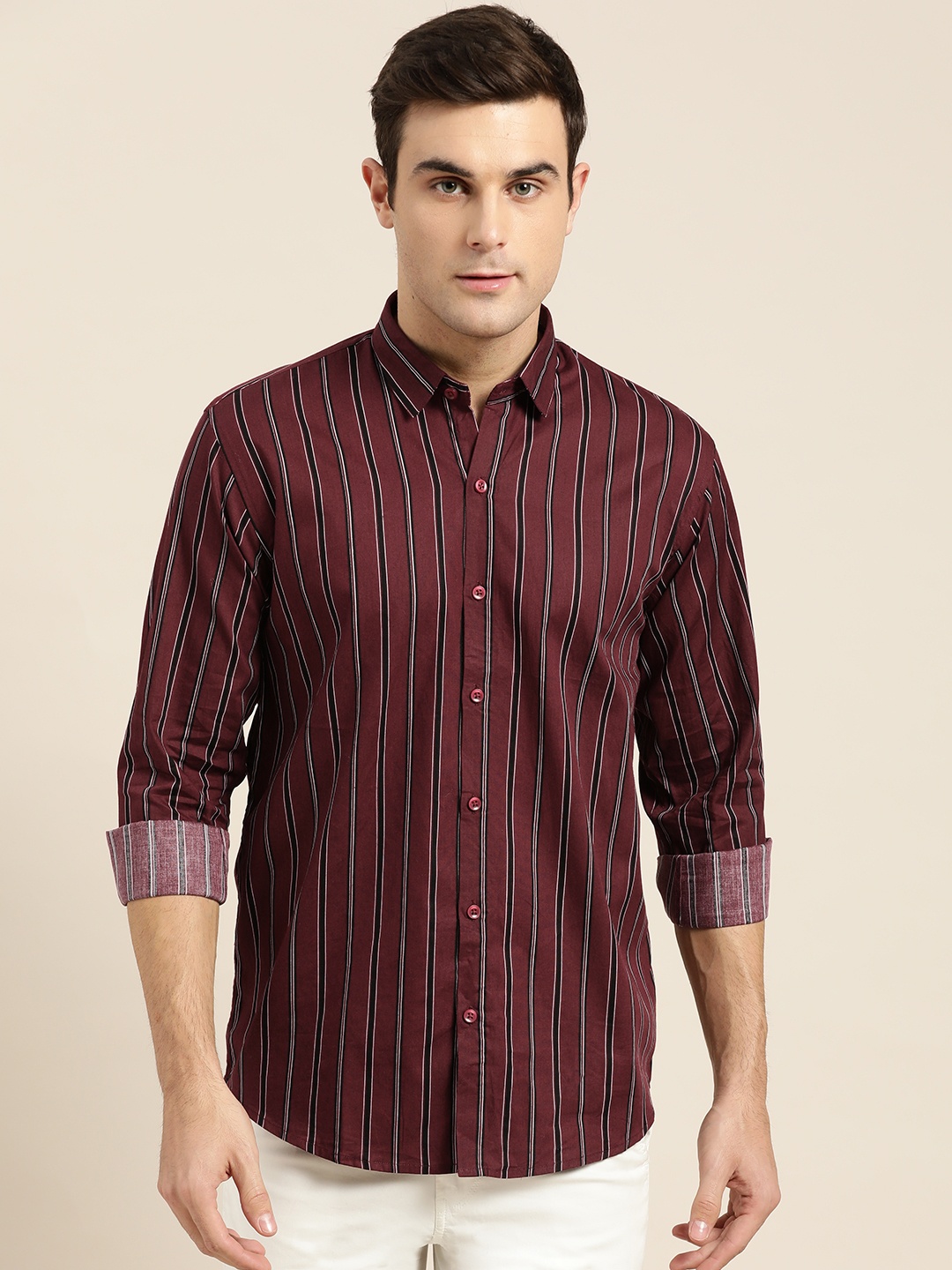 

SOJANYA Men Maroon & Black Classic Fit Striped Smart Casual Shirt