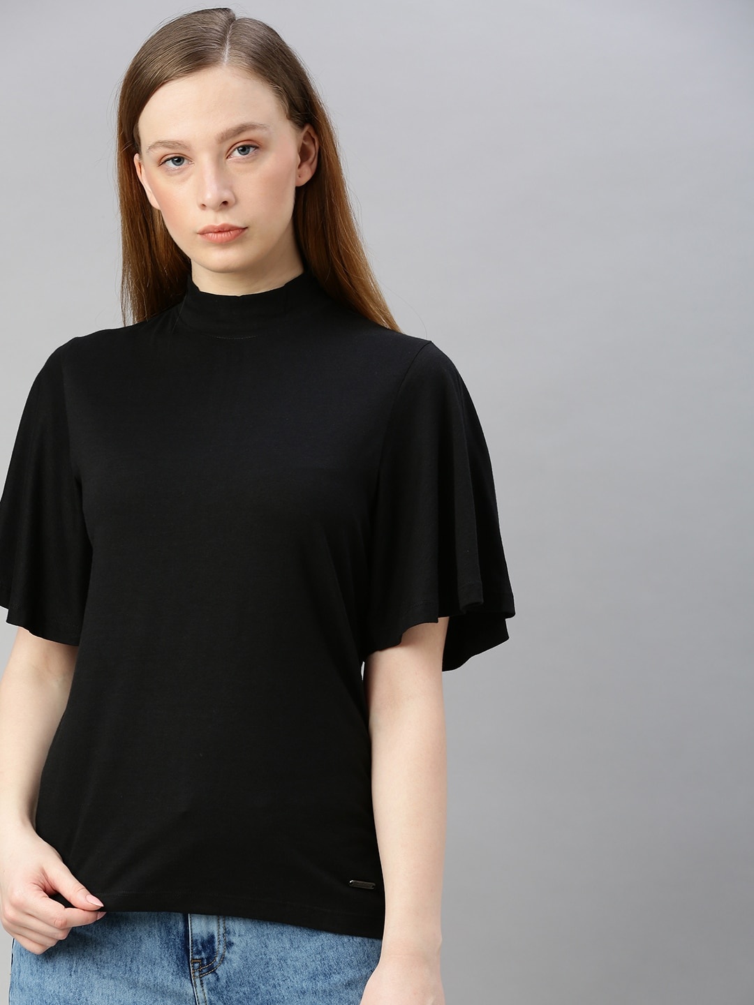 

Roadster Women Black Solid High Neck Flared Sleeve Top