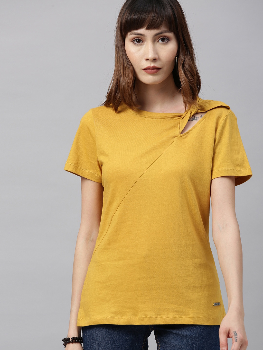 

Roadster Women Mustard Yellow Solid Pure Cotton Top