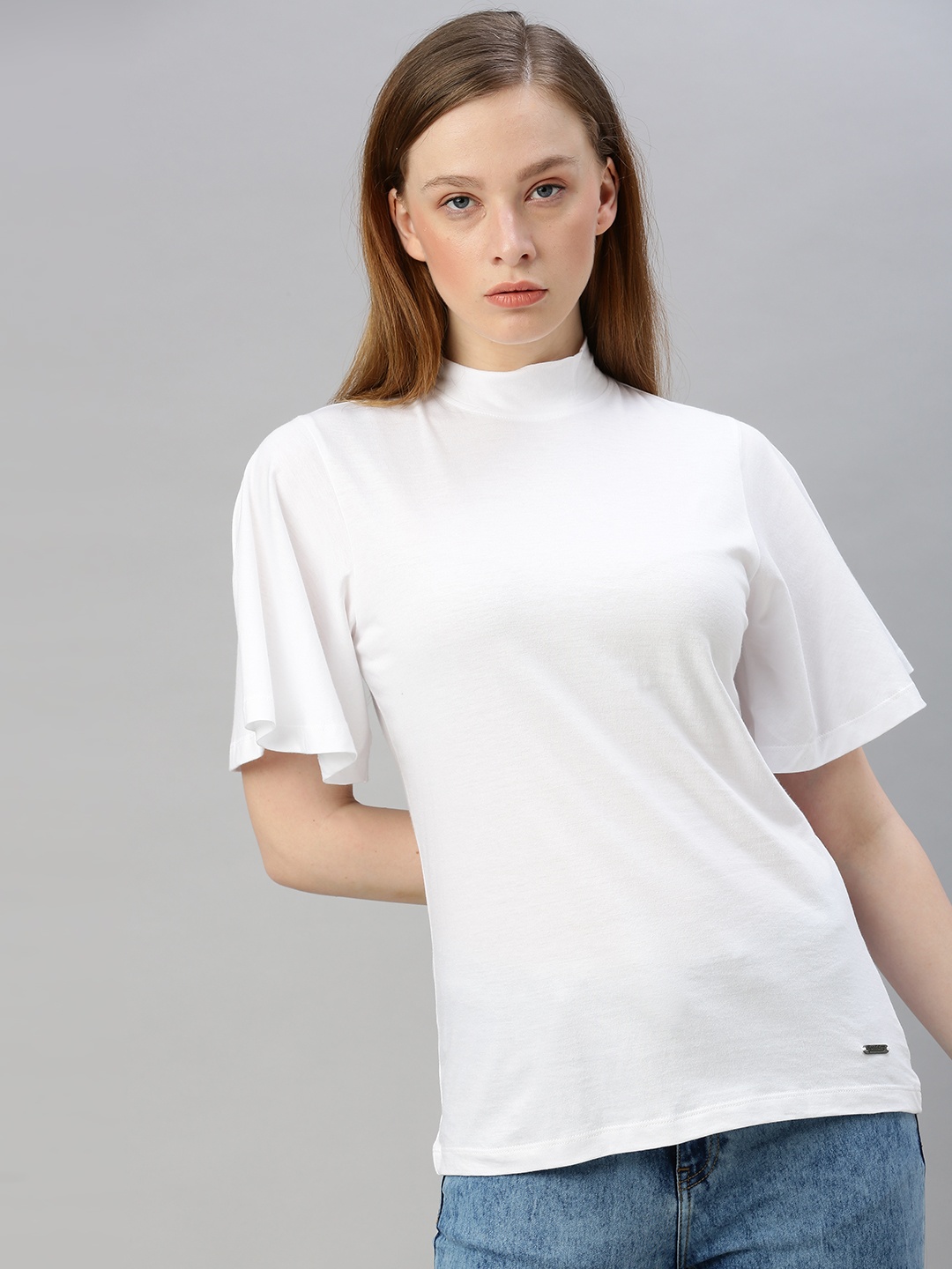 

Roadster Women White Solid High Neck Flared Sleeve Top