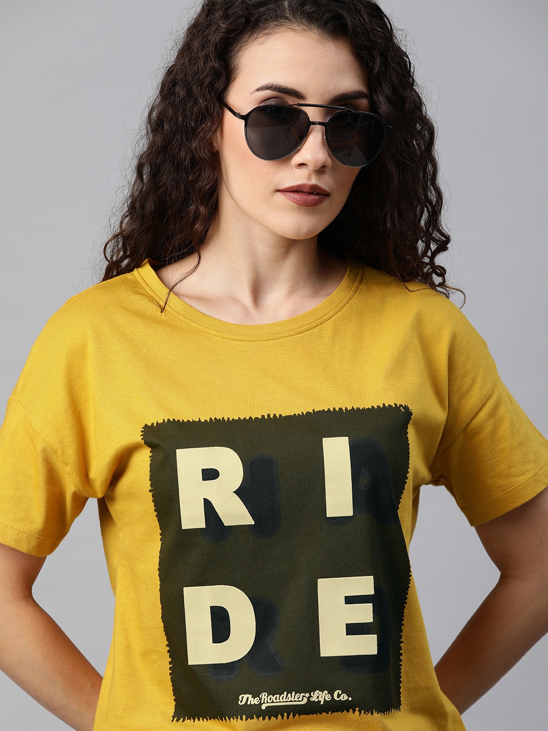 

Roadster Women Mustard Yellow Printed Round Neck T-shirt