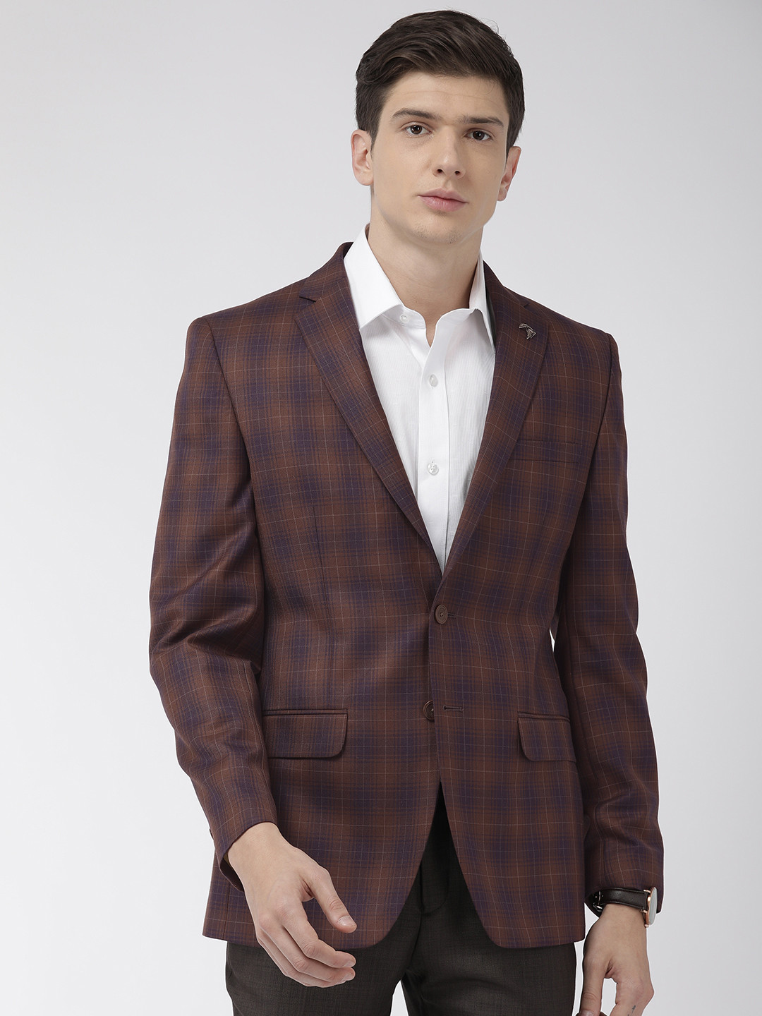 

Raymond Men Brown & Blue Contemporary Fit Checked Single-Breasted Formal Blazer