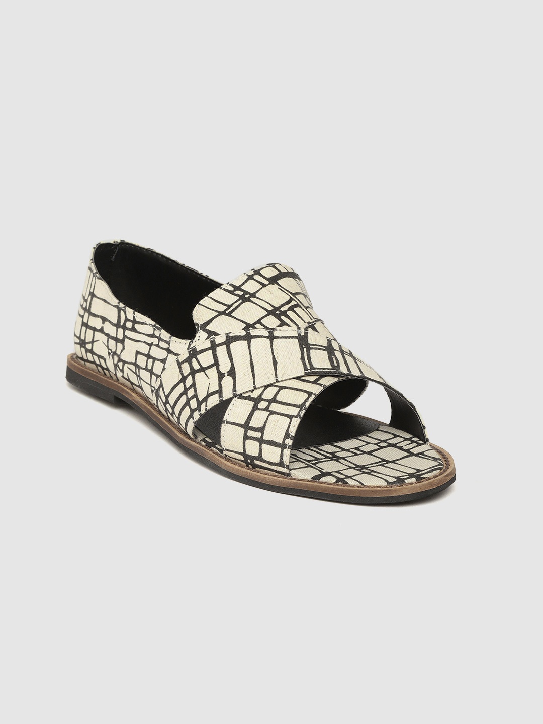 

Roadster Women Off-White & Black Printed Open Toe Flats
