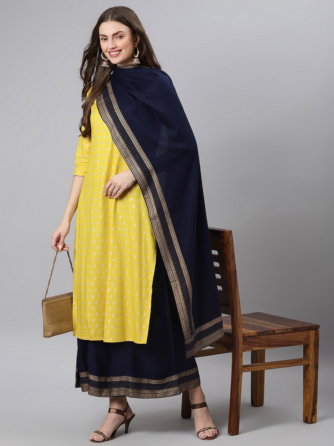 

Khushal K Women Yellow & Navy Blue Printed Kurta with Palazzos & Dupatta