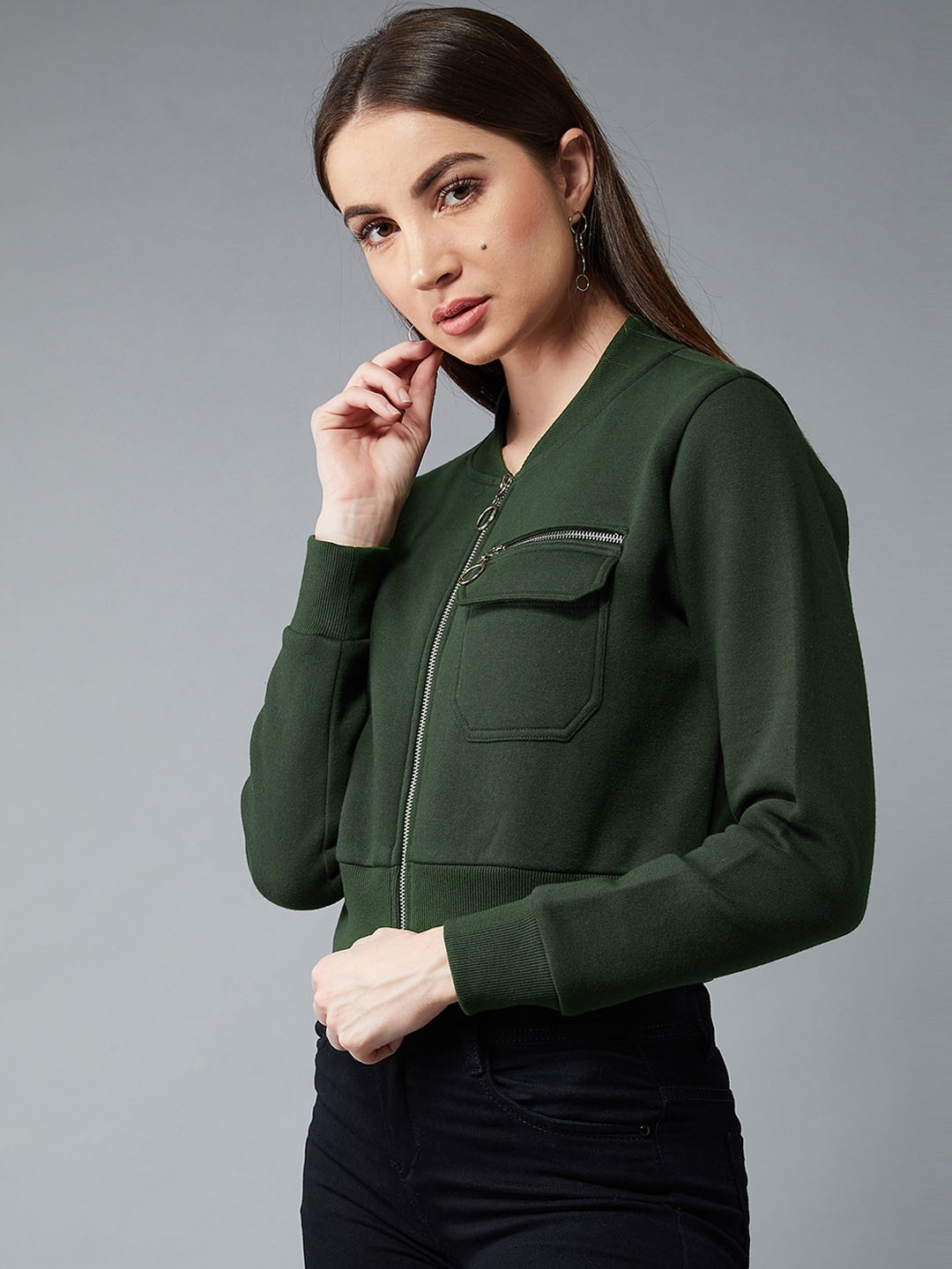 

DOLCE CRUDO Women Olive Green Solid Bomber